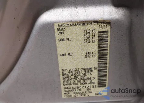 2015 Nissan Altima 2.5 S z USA, uszkodzony, nr VIN 1N4AL3AP8FC212733